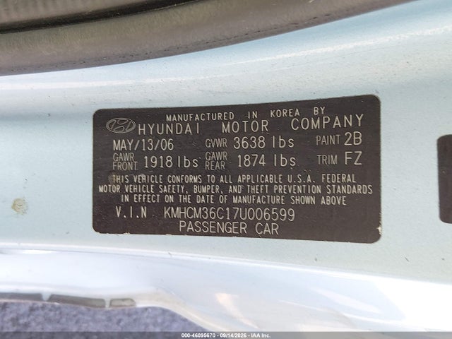 46095670 :رقم المزاد ، KMHCM36C17U006599 vin ، 2007 Hyundai Accent Gs مزاد بيع