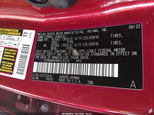 Aukcja sprzedaży 2022 Toyota Highlander Hybrid Xle, vin: 5TDHARAH8NS516202, numer aukcji: 46095675