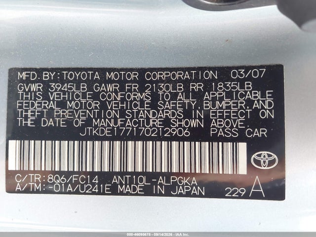 2007 Scion Tc მანქანა იყიდება აუქციონზე, vin: JTKDE177170212906, აუქციონის ნომერი: 46095678