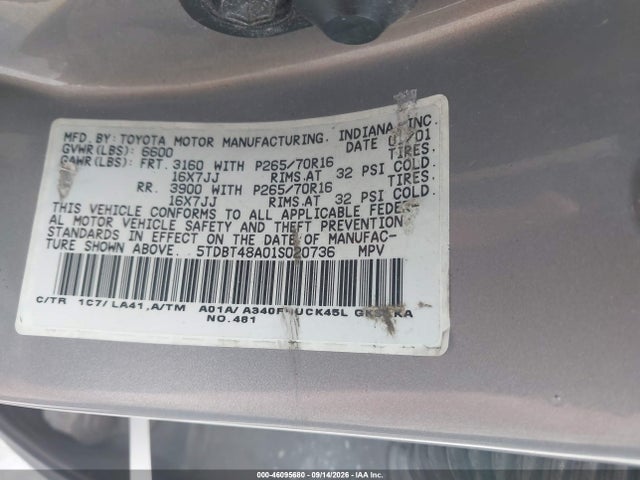 Продаж на аукціоні авто 2001 Toyota Sequoia Limited V8, vin: 5TDBT48A01S020736, номер лоту: 46095680