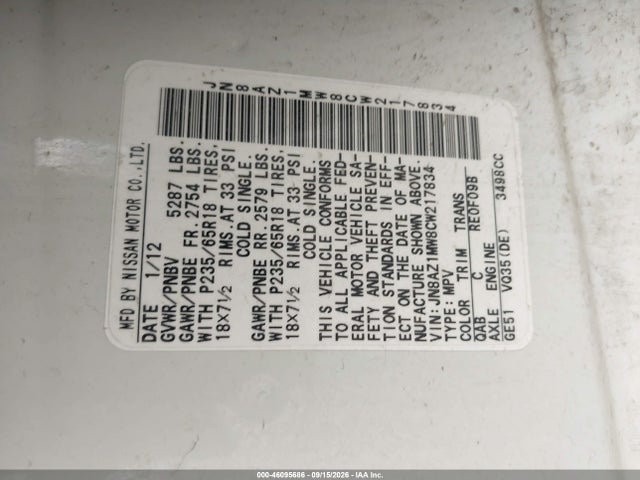 Продаж на аукціоні авто 2012 Nissan Murano Sl, vin: JN8AZ1MW8CW217834, номер лоту: 46095686
