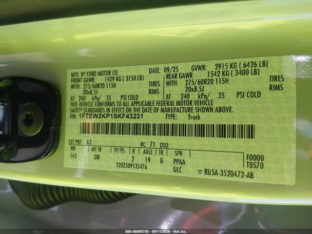 46095700 :رقم المزاد ، 1FTEW2KP1SKF43231 vin ، 2025 Ford F-150 Stx مزاد بيع