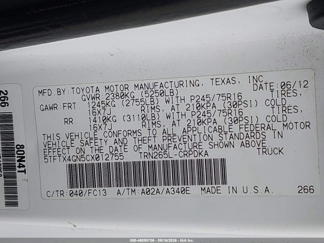 46095706 :رقم المزاد ، 5TFTX4GN5CX012755 vin ، 2012 Toyota Tacoma Prerunner مزاد بيع