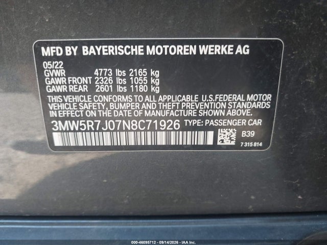 2022 Bmw 330i Xdrive მანქანა იყიდება აუქციონზე, vin: 3MW5R7J07N8C71926, აუქციონის ნომერი: 46095712