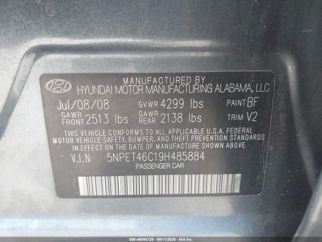 Продаж на аукціоні авто 2009 Hyundai Sonata Gls, vin: 5NPET46C19H485884, номер лоту: 46095729