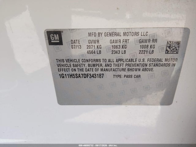 46095732 :رقم المزاد ، 1G11H5SA7DF343187 vin ، 2013 Chevrolet Malibu 1lz مزاد بيع