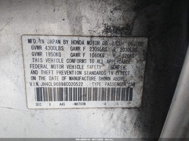 Продажа на аукционе авто 2008 Acura Tsx, vin: JH4CL96898C020522, номер лота: 46095743