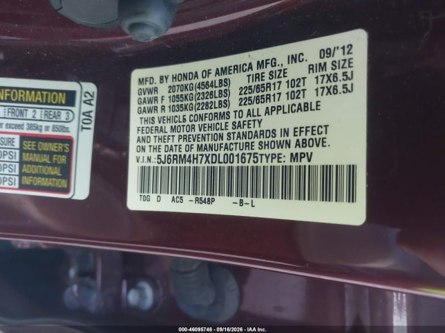 Продажа на аукционе авто 2013 Honda Cr-v Ex-l, vin: 5J6RM4H7XDL001675, номер лота: 46095748