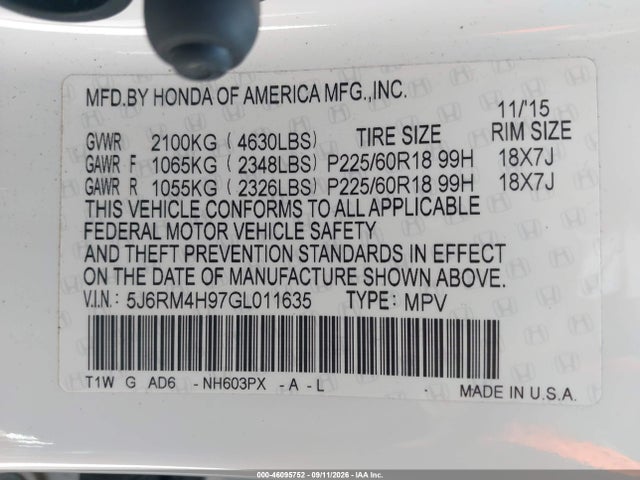 Продаж на аукціоні авто 2016 Honda Cr-v Touring, vin: 5J6RM4H97GL011635, номер лоту: 46095752