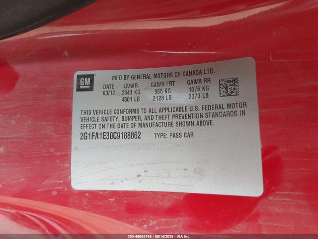 46095766 :رقم المزاد ، 2G1FA1E30C9188862 vin ، 2012 Chevrolet Camaro 2ls مزاد بيع