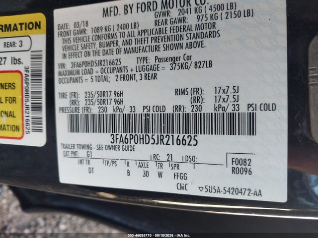 Aukcja sprzedaży 2018 Ford Fusion Se, vin: 3FA6P0HD5JR216625, numer aukcji: 46095770