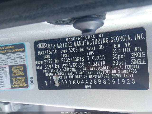 Продаж на аукціоні авто 2011 Kia Sorento Ex V6, vin: 5XYKU4A28BG061923, номер лоту: 46095772