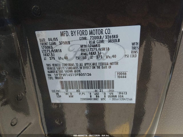 46095776 :رقم المزاد ، 1FTPW14515FB05126 vin ، 2005 Ford F-150 Fx4/lariat/xlt مزاد بيع