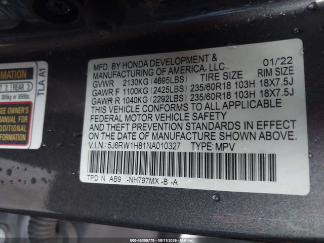 2022 Honda Cr-v 2wd Ex-l მანქანა იყიდება აუქციონზე, vin: 5J6RW1H81NA010327, აუქციონის ნომერი: 46095779