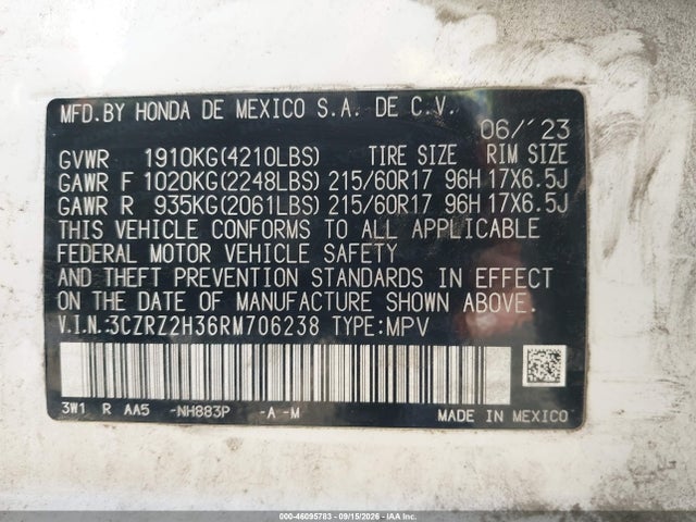 Продажа на аукционе авто 2024 Honda Hr-v Awd Lx, vin: 3CZRZ2H36RM706238, номер лота: 46095783