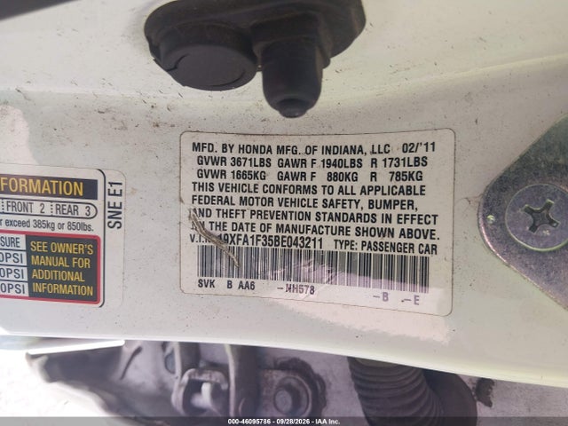 Продаж на аукціоні авто 2011 Honda Civic Vp, vin: 19XFA1F35BE043211, номер лоту: 46095786