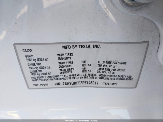 Продаж на аукціоні авто 2023 Tesla Model Y Awd/long Range Dual Motor All-wheel Drive, vin: 7SAYGDEE2PF745017, номер лоту: 46095791