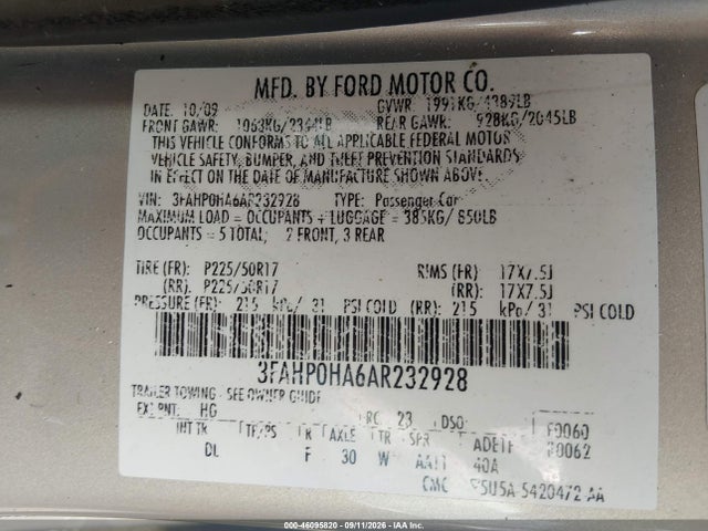 Aukcja sprzedaży 2010 Ford Fusion Se, vin: 3FAHP0HA6AR232928, numer aukcji: 46095820