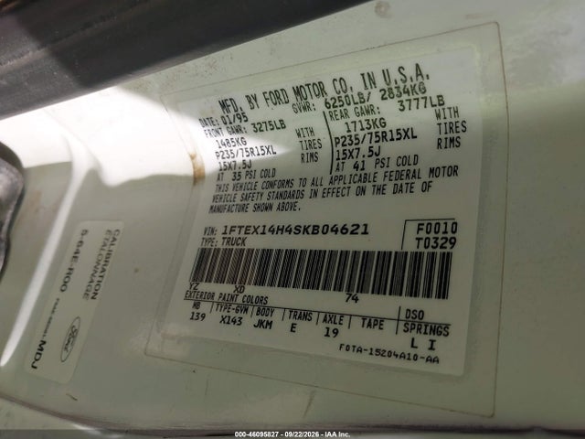 Продаж на аукціоні авто 1995 Ford F150, vin: 1FTEX14H4SKB04621, номер лоту: 46095827