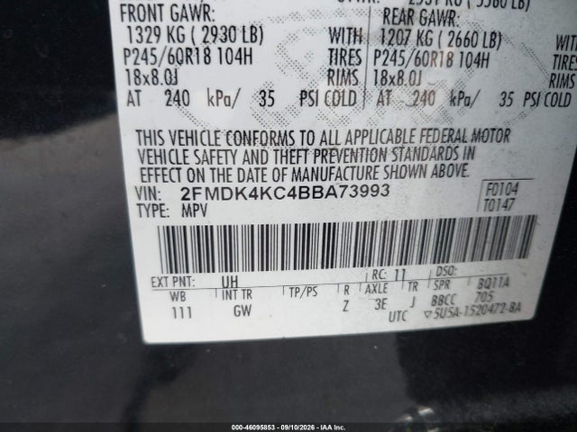 46095853 :رقم المزاد ، 2FMDK4KC4BBA73993 vin ، 2011 Ford Edge Limited مزاد بيع