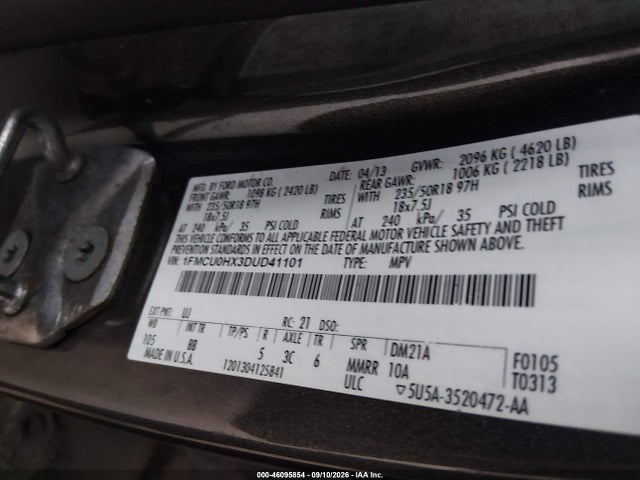 2013 Ford Escape Sel მანქანა იყიდება აუქციონზე, vin: 1FMCU0HX3DUD41101, აუქციონის ნომერი: 46095854