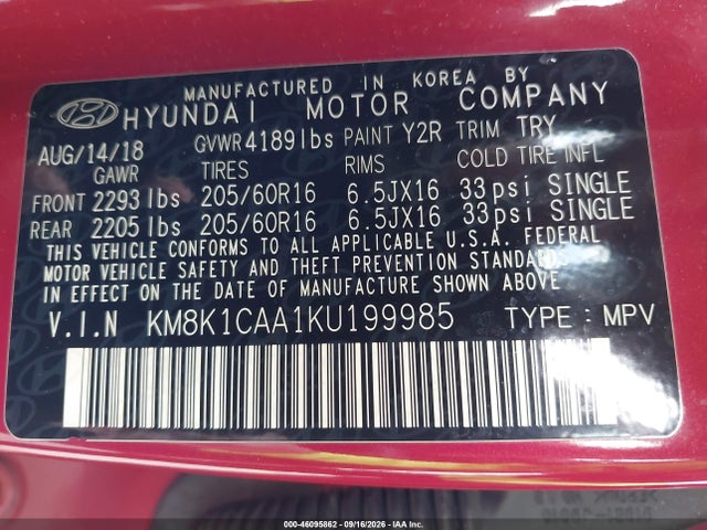 46095862 :رقم المزاد ، KM8K1CAA1KU199985 vin ، 2019 Hyundai Kona Se مزاد بيع