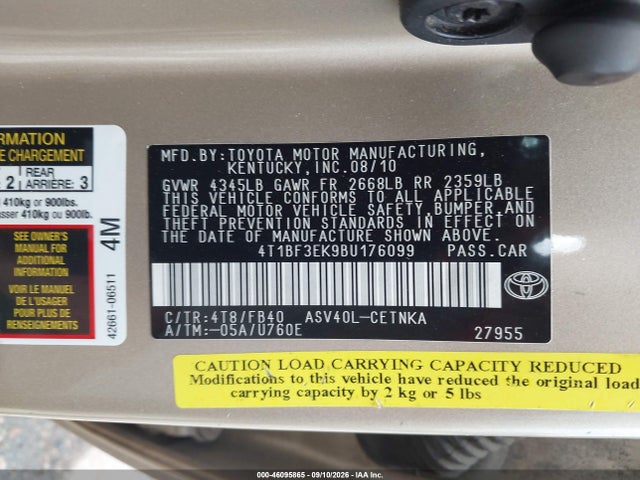 Aukcja sprzedaży 2011 Toyota Camry Le, vin: 4T1BF3EK9BU176099, numer aukcji: 46095865