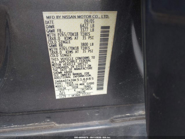 Aukcja sprzedaży 2006 Nissan Titan Se, vin: 1N6BA07A36N514485, numer aukcji: 46095876