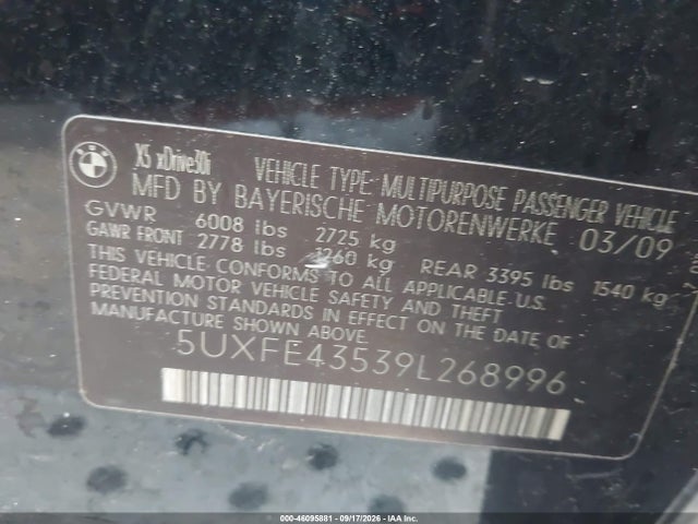 2009 Bmw X5 Xdrive30i მანქანა იყიდება აუქციონზე, vin: 5UXFE43539L268996, აუქციონის ნომერი: 46095881