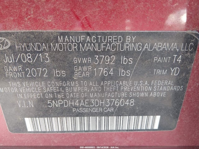 Продаж на аукціоні авто 2013 Hyundai Elantra Gls, vin: 5NPDH4AE3DH376048, номер лоту: 46095883