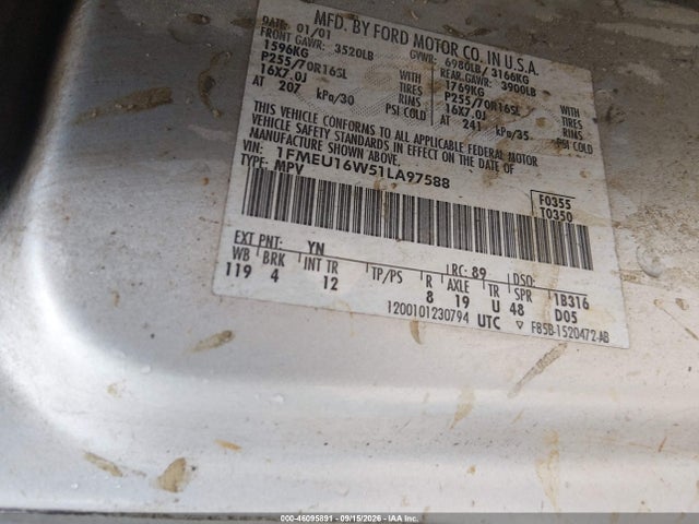 46095891 :رقم المزاد ، 1FMEU16W51LA97588 vin ، 2001 Ford Expedition Xlt مزاد بيع
