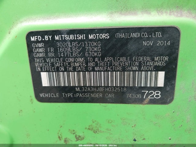 Продаж на аукціоні авто 2015 Mitsubishi Mirage De/rf, vin: ML32A3HJ8FH032518, номер лоту: 46095893