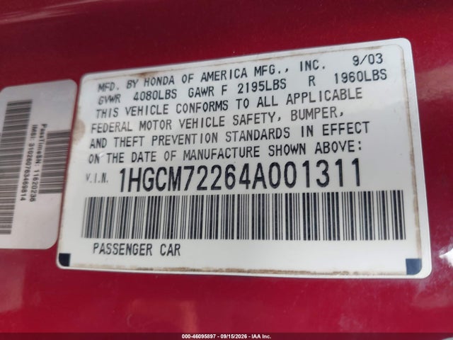 Aukcja sprzedaży 2004 Honda Accord 2.4 Lx, vin: 1HGCM72264A001311, numer aukcji: 46095897