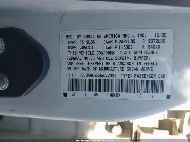 Aukcja sprzedaży 2006 Acura Tl, vin: 19UUA662X6A022005, numer aukcji: 46095898