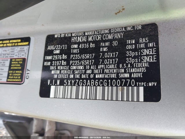 Продажа на аукционе авто 2012 Hyundai Santa Fe Gls, vin: 5XYZG3AB6CG100770, номер лота: 46095900