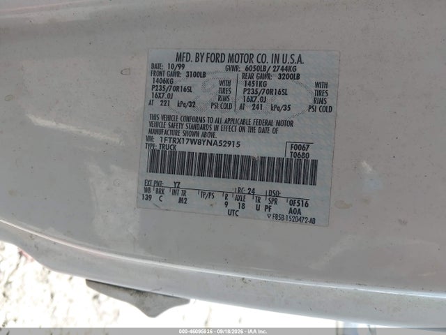 Aukcja sprzedaży 2000 Ford F-150 Lariat/work Series/xl/xlt, vin: 1FTRX17W8YNA52915, numer aukcji: 46095936