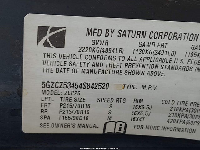 Продажа на аукционе авто 2004 Saturn Vue V6, vin: 5GZCZ53454S842520, номер лота: 46095950