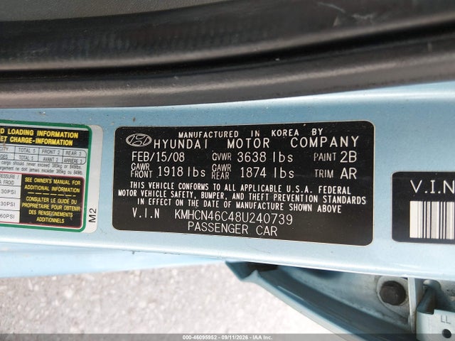 Aukcja sprzedaży 2008 Hyundai Accent Gls, vin: KMHCN46C48U240739, numer aukcji: 46095952