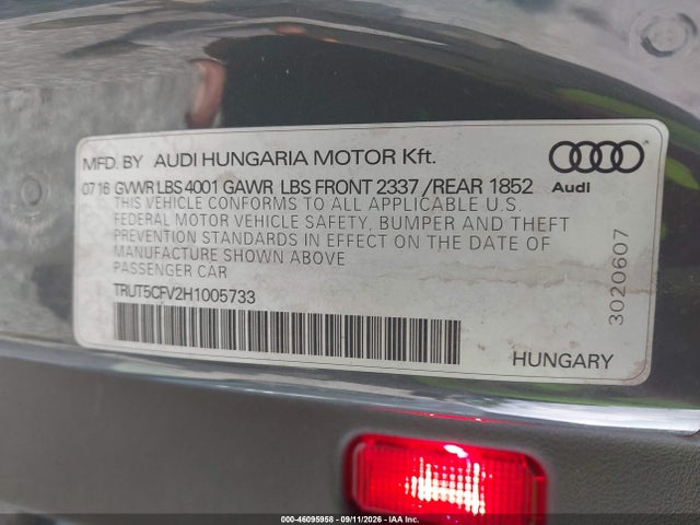 Aukcja sprzedaży 2017 Audi Tt 2.0t, vin: TRUT5CFV2H1005733, numer aukcji: 46095958