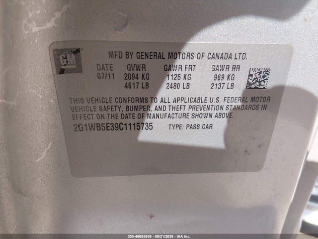Продажа на аукционе авто 2012 Chevrolet Impala Lt, vin: 2G1WB5E39C1115735, номер лота: 46095959
