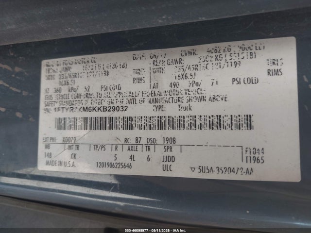 2019 Ford Transit-250 მანქანა იყიდება აუქციონზე, vin: 1FTYR3XM6KKB29032, აუქციონის ნომერი: 46095977