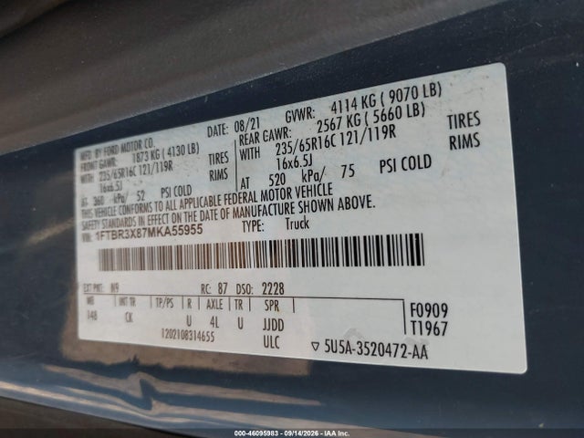 46095983 :رقم المزاد ، 1FTBR3X87MKA55955 vin ، 2021 Ford Transit-250 Cargo Van مزاد بيع