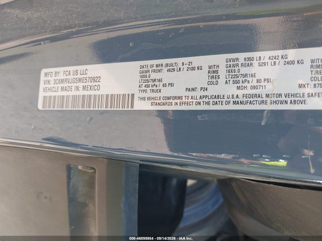Продаж на аукціоні авто 2021 Ram Promaster 3500 Cargo Van High Roof 159 Wb Ext, vin: 3C6MRVJG5ME570922, номер лоту: 46095984