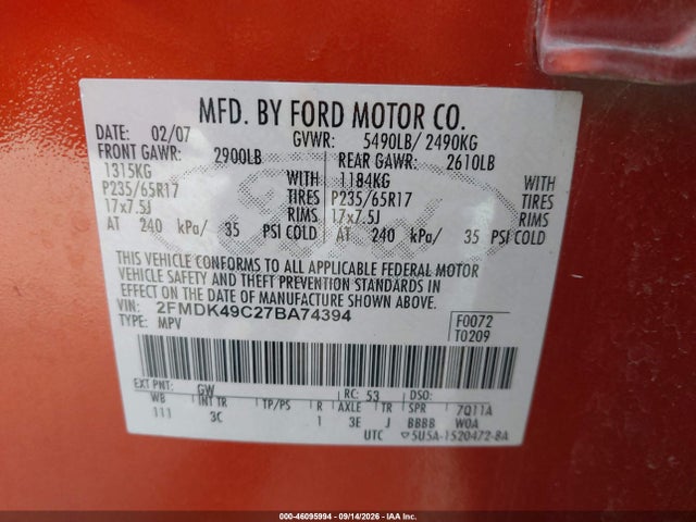 46095994 :رقم المزاد ، 2FMDK49C27BA74394 vin ، 2007 Ford Edge Sel Plus مزاد بيع