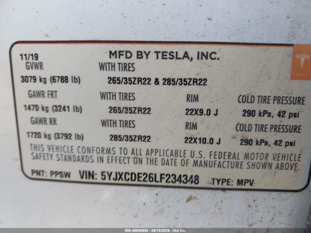 Aukcja sprzedaży 2020 Tesla Model X, vin: 5YJXCDE26LF234348, numer aukcji: 46095998