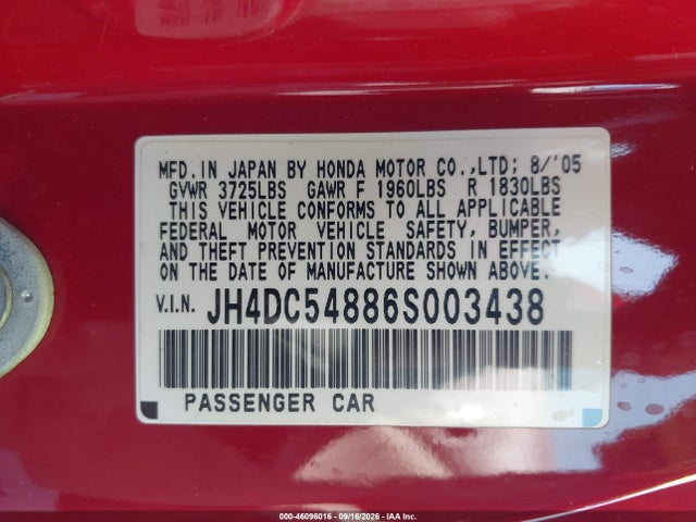 Aukcja sprzedaży 2006 Acura Rsx, vin: JH4DC54886S003438, numer aukcji: 46096016