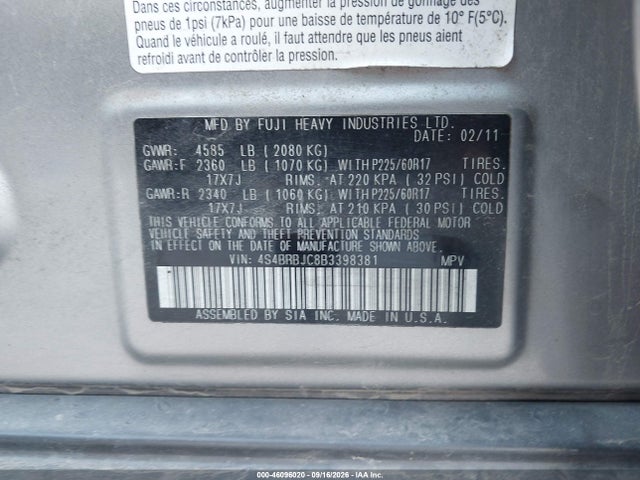 Aukcja sprzedaży 2011 Subaru Outback 2.5i Limited, vin: 4S4BRBJC8B3398381, numer aukcji: 46096020