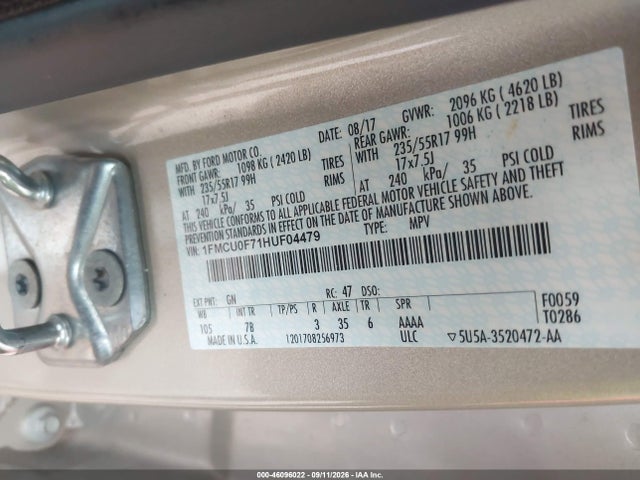 2017 Ford Escape S მანქანა იყიდება აუქციონზე, vin: 1FMCU0F71HUF04479, აუქციონის ნომერი: 46096022