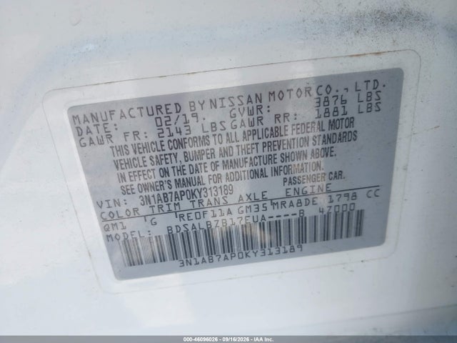 Aukcja sprzedaży 2019 Nissan Sentra S, vin: 3N1AB7AP0KY313189, numer aukcji: 46096026