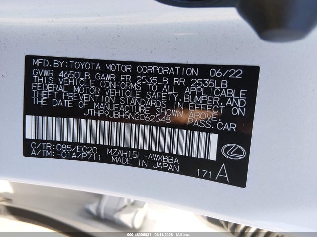 Aukcja sprzedaży 2022 Lexus Ux 250h, vin: JTHP9JBH5N2062548, numer aukcji: 46096031